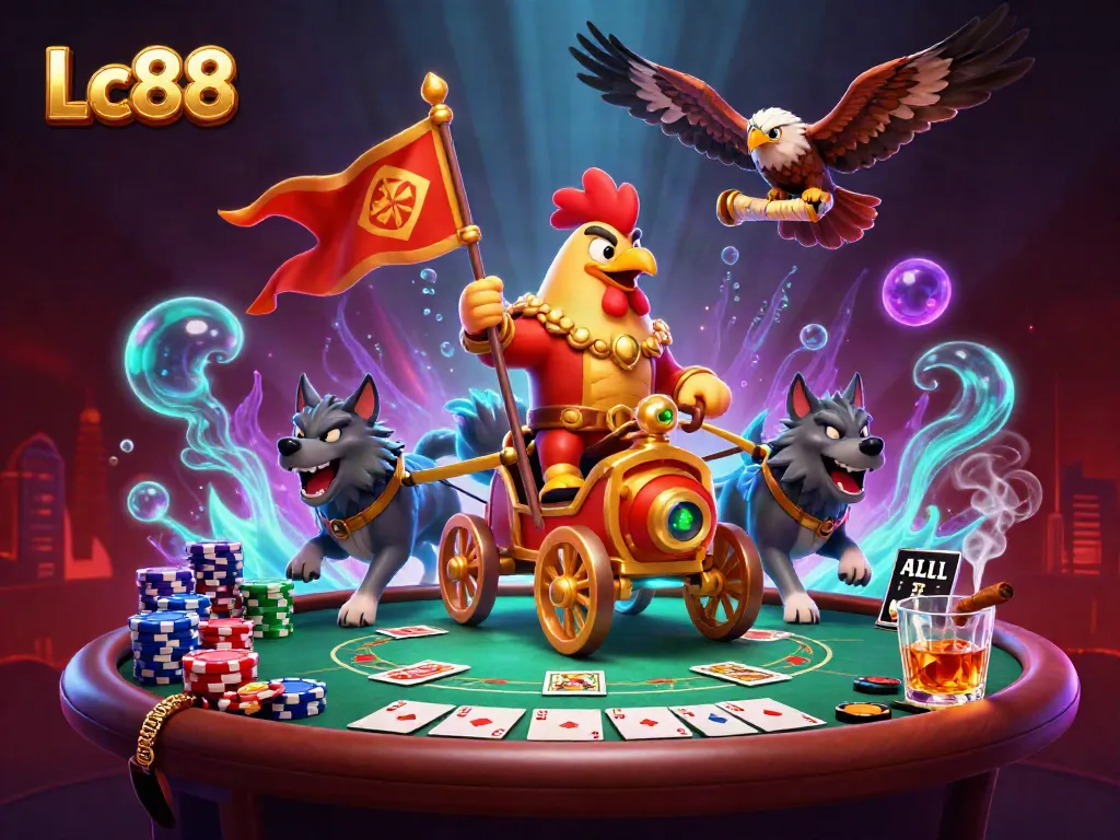 Experience thrilling Lc88 gameplay with a vibrant illustration featuring a rooster warlord at a poker table.