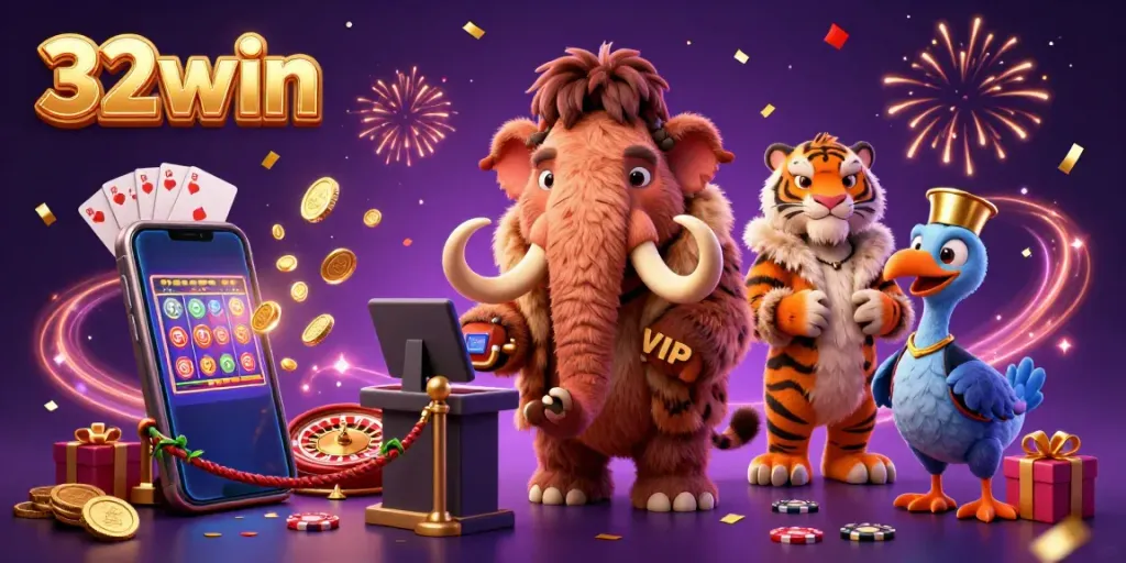 Experience the vibrant casino world with 32win featuring playful characters and exciting gaming elements.