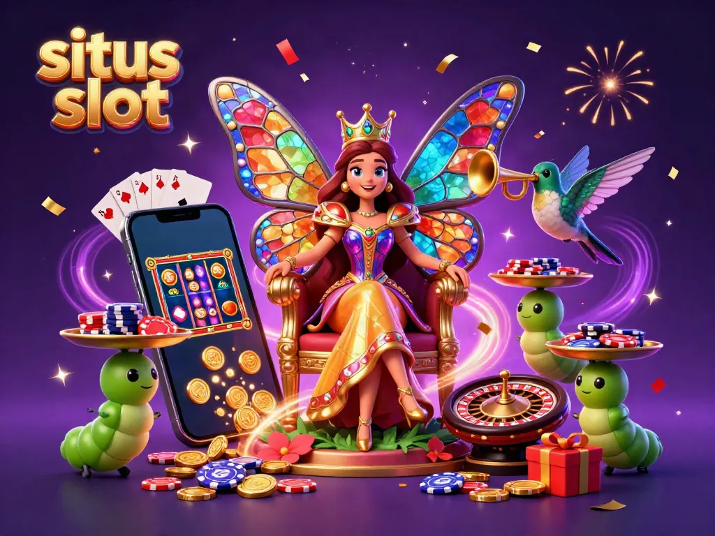 Experience the excitement of situs slot with a vibrant 3D illustration featuring a whimsical butterfly queen and dynamic gaming elements.