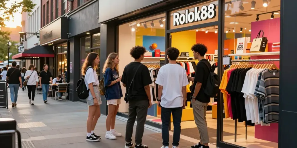 Young adults exploring a trendy clothing store with rokok88 merchandise in a vibrant urban setting.